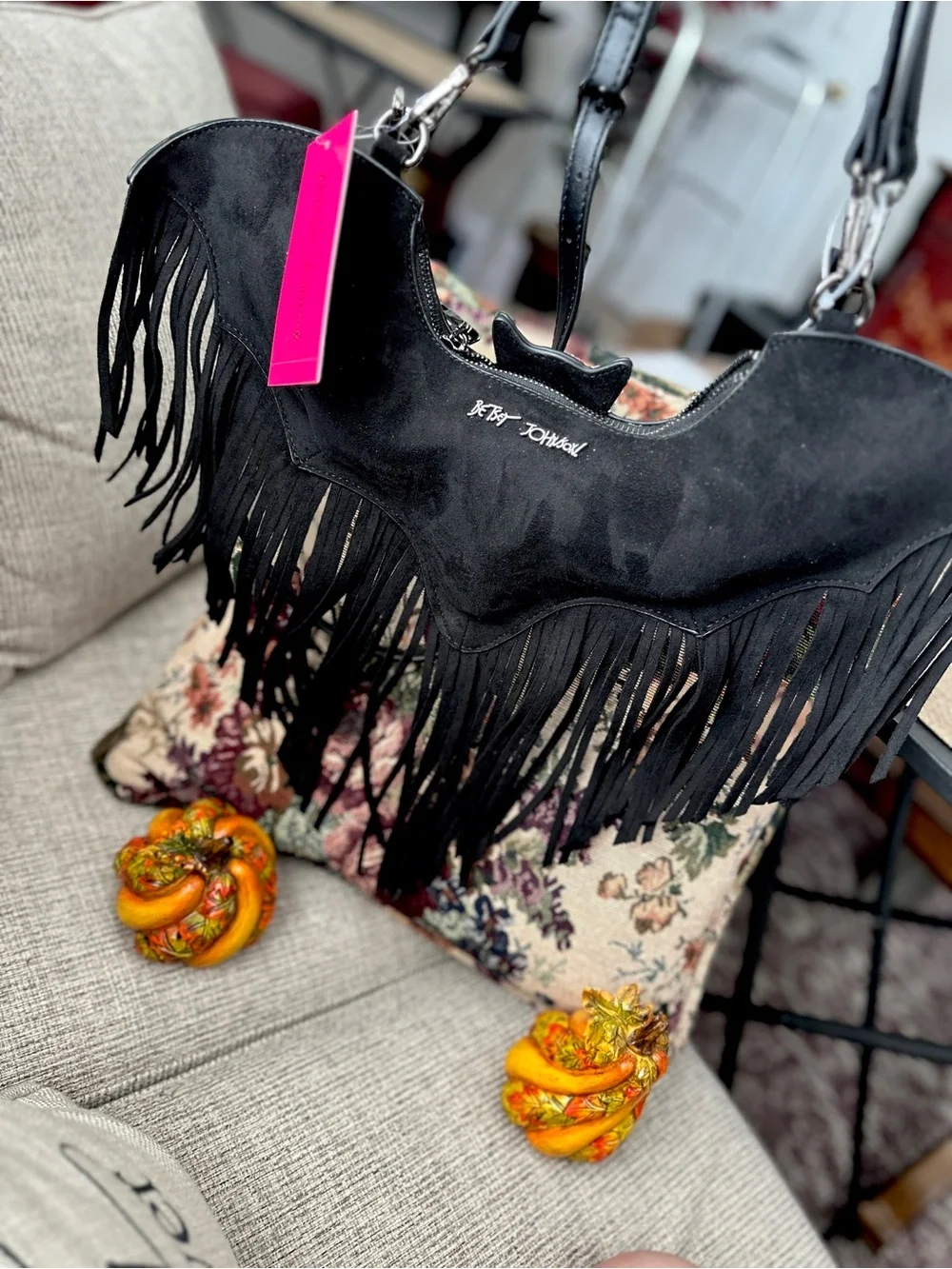 Betsey Johnson Black Fringe Halloween Bat-Shaped Shoulder Bag! 🦇